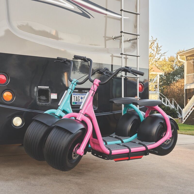 All terrain electric rideable scooter at campground and park trails